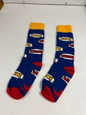 Blue Comic-Graphic Crew Socks with Yellow Cuff and Red Accents